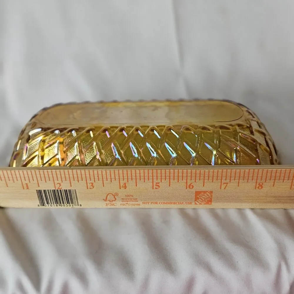 Vintage Amber Iridescent Basket Weave Carnival Glass Bread Cracker Dish 10.5 x 5